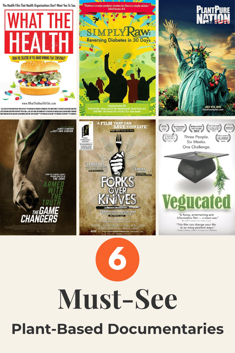 Pinterest pin showing the cover images of 6 plant based documentaries